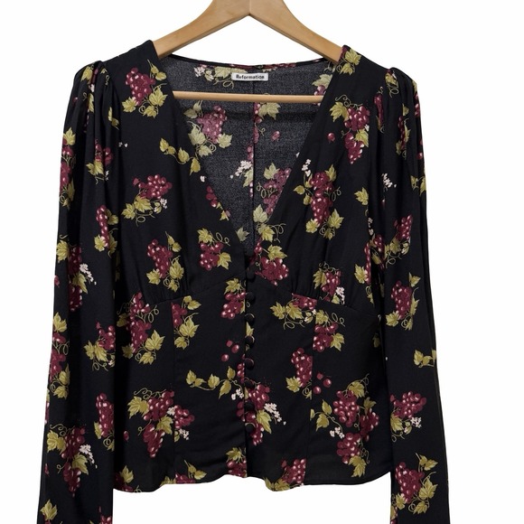 Reformation Womens Nell V Neck Button Up Blouse Size M Black Grape Print Top - Picture 3 of 7